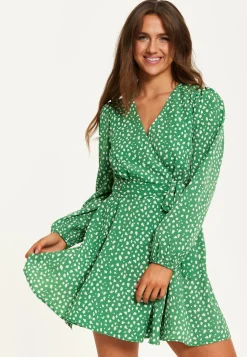 Women's Mini Dress in Green with Long Sleeves, Animal Print Wrap Style - Chic and Flattering by Liquorish