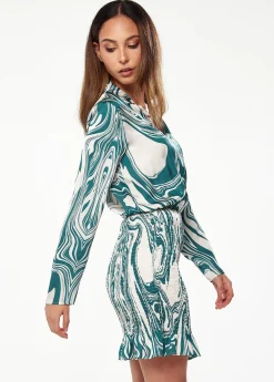 Women’s Mini Dress in Green with Swirling Marble Print, V-Neck, Full-Length Sleeves, Smocked Skirt, and Frill Hem