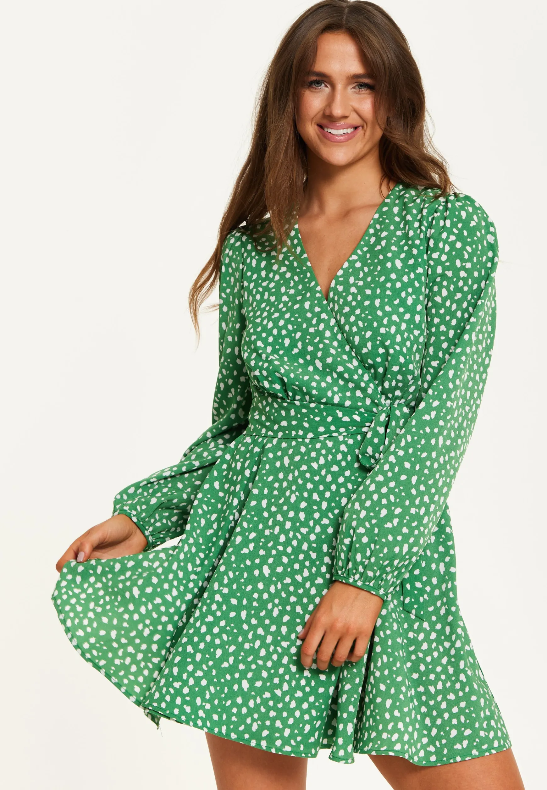 Women's Mini Dress in Green with Long Sleeves, Animal Print Wrap Style - Chic and Flattering by Liquorish