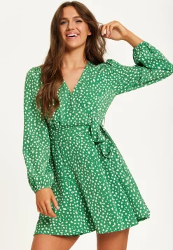 Women's Mini Dress in Green with Long Sleeves, Animal Print Wrap Style - Chic and Flattering by Liquorish