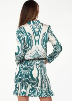 Women’s Mini Dress in Green with Swirling Marble Print, V-Neck, Full-Length Sleeves, Smocked Skirt, and Frill Hem