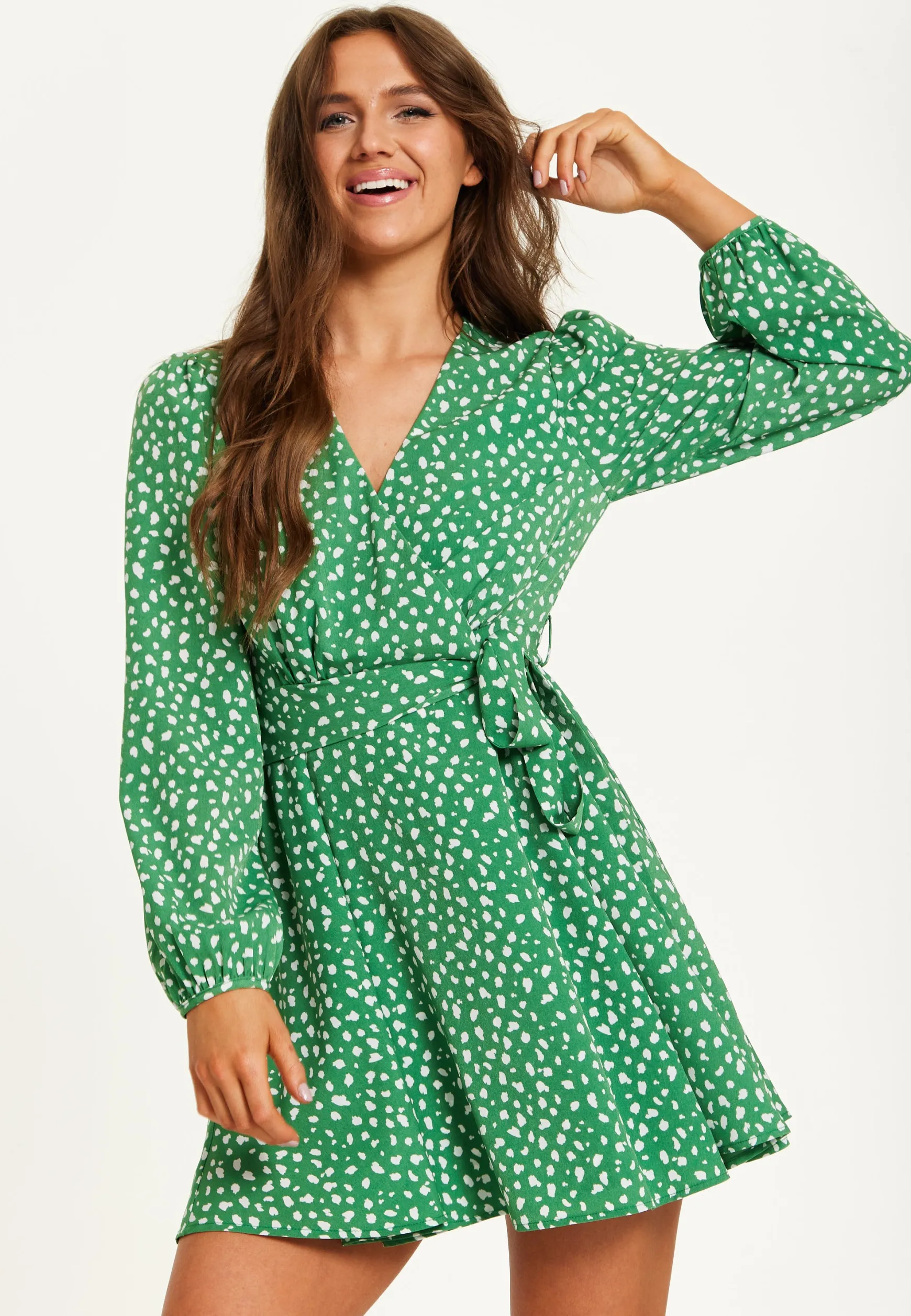 Women's Mini Dress in Green with Long Sleeves, Animal Print Wrap Style - Chic and Flattering by Liquorish