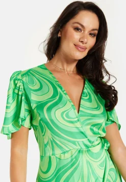Women's Mini Dress in Green with Short Sleeves, V Neck, Tie Waist, and Wrap Style - Liquorish