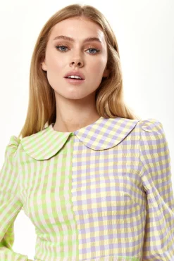 Women's Mini Dress in Green Check with Long Sleeves and Collar - Stylish Elegance by Liquorish