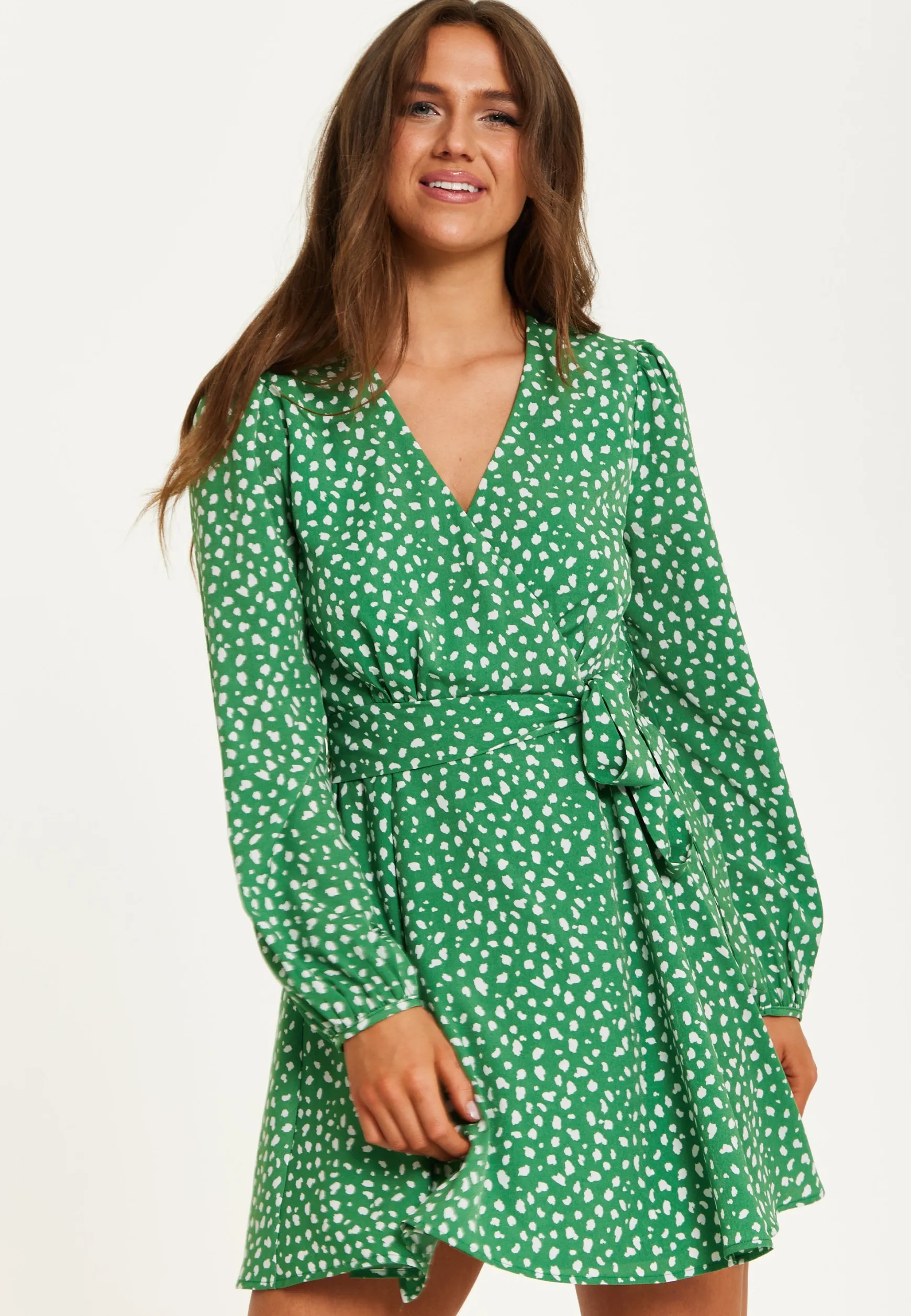 Women's Mini Dress in Green with Long Sleeves, Animal Print Wrap Style - Chic and Flattering by Liquorish