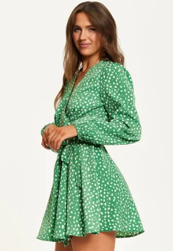 Women's Mini Dress in Green with Long Sleeves, Animal Print Wrap Style - Chic and Flattering by Liquorish