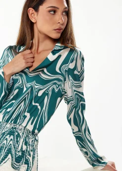 Women’s Mini Dress in Green with Swirling Marble Print, V-Neck, Full-Length Sleeves, Smocked Skirt, and Frill Hem