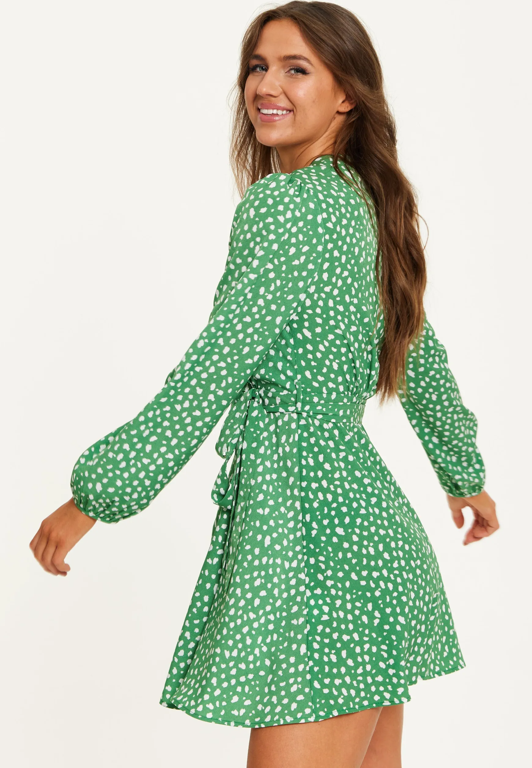 Women's Mini Dress in Green with Long Sleeves, Animal Print Wrap Style - Chic and Flattering by Liquorish