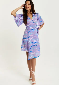 Women's Mini Dress in Lilac with Kimono Sleeves and Wrap Style Design by Liquorish