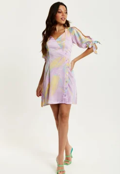 Women's Mini Dress in Lilac with V Neck, Tie Back, Tie Sleeves, and Abstract Print - Liquorish