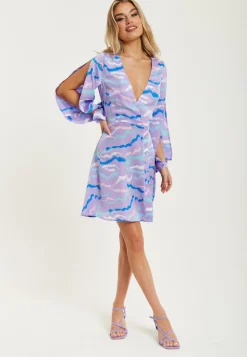 Women's Mini Dress in Lilac with Slit Sleeves and Unique Abstract Zebra Print - Liquorish