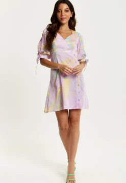 Women's Mini Dress in Lilac with V Neck, Tie Back, Tie Sleeves, and Abstract Print - Liquorish
