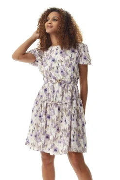 Women's Mini Dress in Lilac Floral with Short Sleeves and Matching Belt - Elegant Style by Liquorish