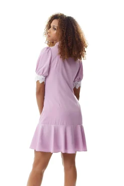 Women's Mini Dress in Lilac with Short Sleeves and Lace Collar Details - Liquorish
