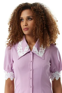 Women's Mini Dress in Lilac with Short Sleeves and Lace Collar Details - Liquorish