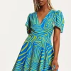 Women's Mini Dress in Multi-Coloured with Angel Sleeves and V Neck Design by Liquorish