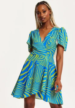 Women's Mini Dress in Multi-Coloured with Angel Sleeves and V Neck Design by Liquorish