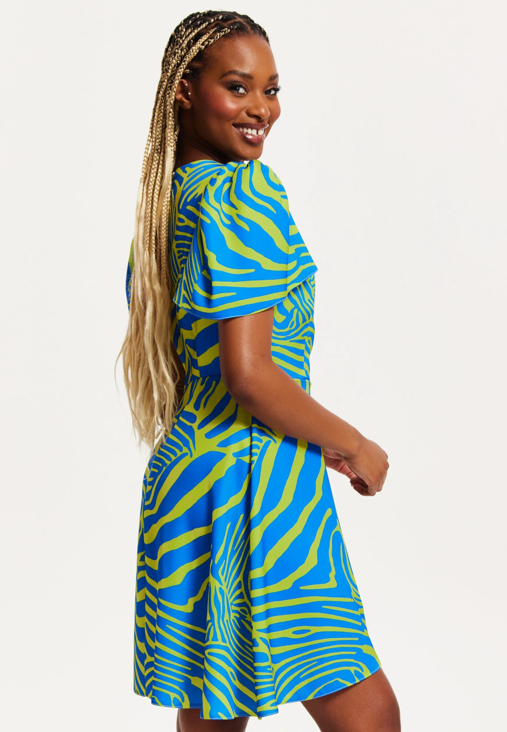 Women's Mini Dress in Multi-Coloured with Angel Sleeves and V Neck Design by Liquorish