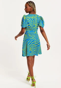 Women's Mini Dress in Multi-Coloured with Angel Sleeves and V Neck Design by Liquorish