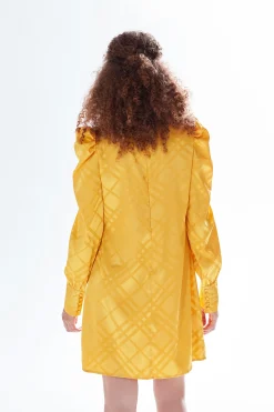 Women's Mini Dress in Mustard with High Neck, Puff Sleeves & Chic Check Design - Liquorish