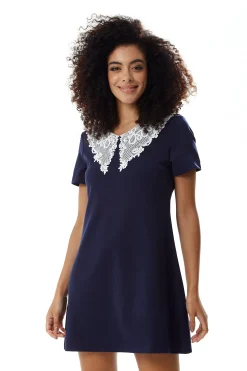 Women's Mini Dress in Navy with Short Sleeves and Lace Collar - Elegant Style by Liquorish