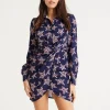 Women's Mini Dress in Navy with Long Sleeves, Twisted Front Detail and Collar - Liquorish