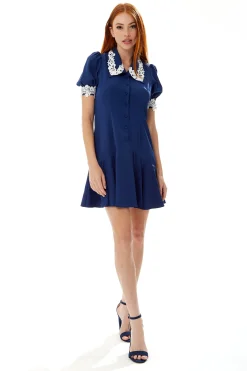 Women's Mini Dress in Navy with Short Sleeves and Lace Details - Fitted Style by Liquorish
