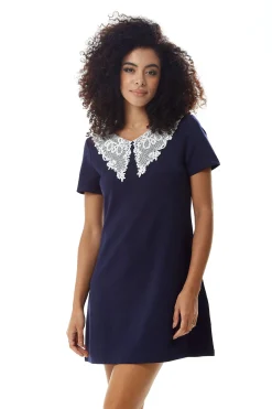 Women's Mini Dress in Navy with Short Sleeves and Lace Collar - Elegant Style by Liquorish