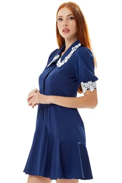 Women's Mini Dress in Navy with Short Sleeves and Lace Details - Fitted Style by Liquorish