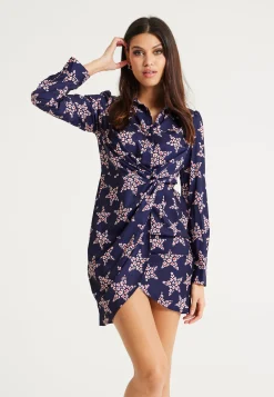 Women's Mini Dress in Navy with Long Sleeves, Twisted Front Detail and Collar - Liquorish