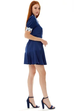 Women's Mini Dress in Navy with Short Sleeves and Lace Details - Fitted Style by Liquorish