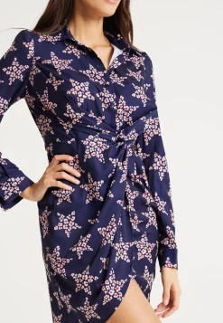 Women's Mini Dress in Navy with Long Sleeves, Twisted Front Detail and Collar - Liquorish