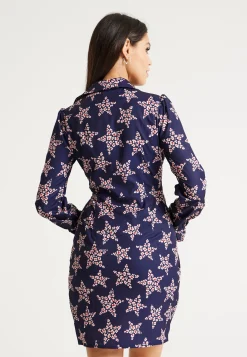 Women's Mini Dress in Navy with Long Sleeves, Twisted Front Detail and Collar - Liquorish