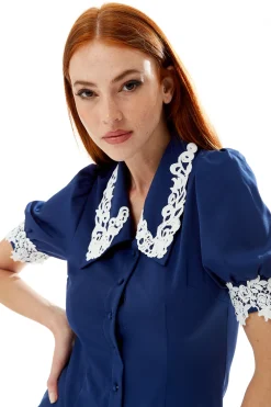 Women's Mini Dress in Navy with Short Sleeves and Lace Details - Fitted Style by Liquorish