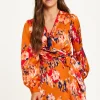 Women’s Mini Dress in Orange with Long Sleeves, Abstract Print Wrap Style by Liquorish
