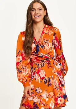 Women’s Mini Dress in Orange with Long Sleeves, Abstract Print Wrap Style by Liquorish
