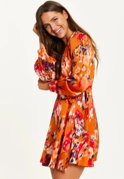 Women’s Mini Dress in Orange with Long Sleeves, Abstract Print Wrap Style by Liquorish