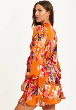 Women’s Mini Dress in Orange with Long Sleeves, Abstract Print Wrap Style by Liquorish