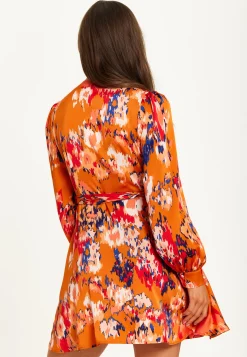 Women’s Mini Dress in Orange with Long Sleeves, Abstract Print Wrap Style by Liquorish