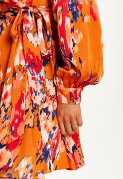 Women’s Mini Dress in Orange with Long Sleeves, Abstract Print Wrap Style by Liquorish