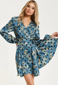 Women's Mini Dress in Petrol Blue with Long Sleeves, Floral and Polka Dot Print Wrap Style by Liquorish