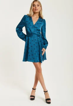 Women's Mini Dress in Petrol Blue with Long Sleeves, Black Star and Polka Dot Print Wrap Style by Liquorish