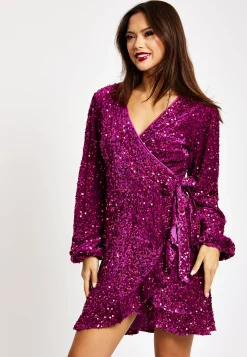 Women's Mini Dress in Pink Sequin Velvet with Long Sleeves - Elegant Wrap Style by Liquorish