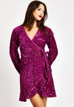 Women's Mini Dress in Pink Sequin Velvet with Long Sleeves - Elegant Wrap Style by Liquorish