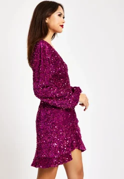 Women's Mini Dress in Pink Sequin Velvet with Long Sleeves - Elegant Wrap Style by Liquorish
