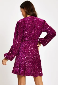 Women's Mini Dress in Pink Sequin Velvet with Long Sleeves - Elegant Wrap Style by Liquorish
