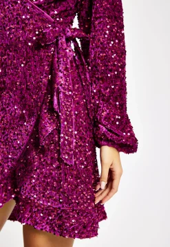 Women's Mini Dress in Pink Sequin Velvet with Long Sleeves - Elegant Wrap Style by Liquorish