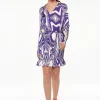 Women’s Mini Dress in Purple with Marble Print, V-Neck, Long Sleeves, Defined Waist, Frill Hem