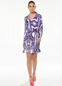 Women’s Mini Dress in Purple with Marble Print, V-Neck, Long Sleeves, Defined Waist, Frill Hem