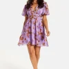 Women's Mini Dress in Purple Floral with Short Sleeves and Deep V Neck - Stylish Button Waistband by Liquorish